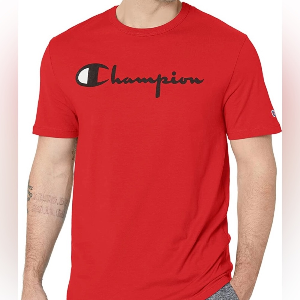 Champion Mens Small Graphic Cotton Tee Script Red Logo